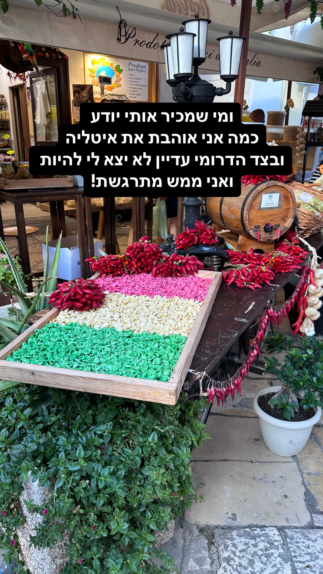 חנות מוצרים מקומיים בפוליה - פסטה בצבעי הדגל