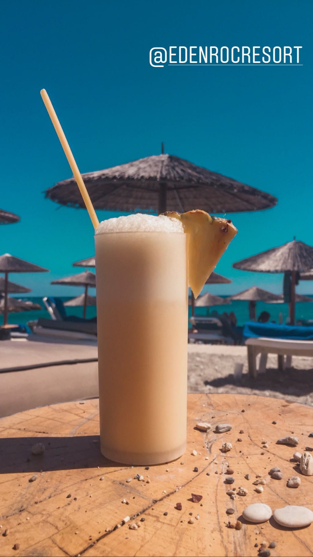 Piña colada on the beach at Eden Roc Resort, Rhodes