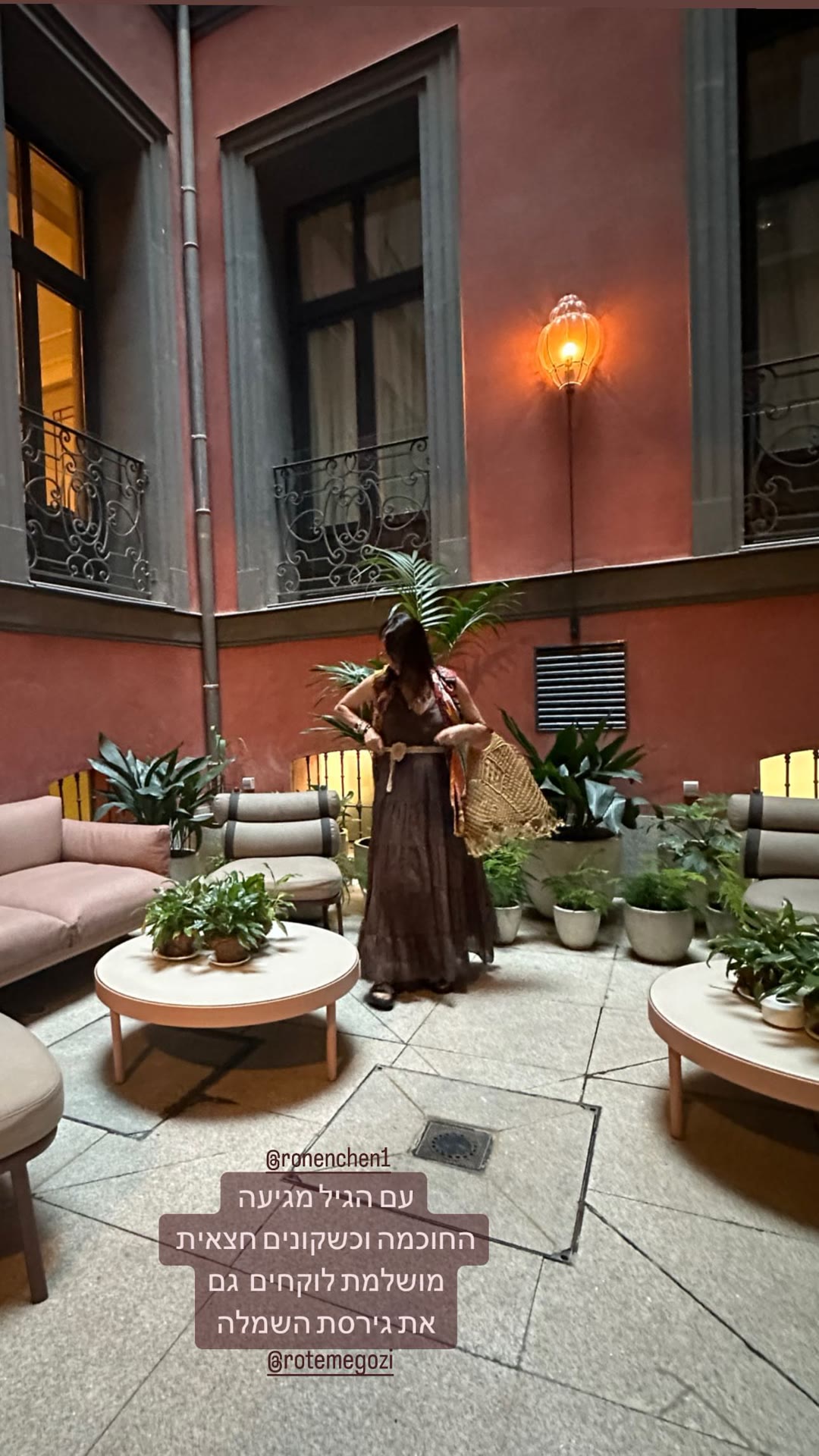 Ronen Chen dress in a Madrid hotel courtyard