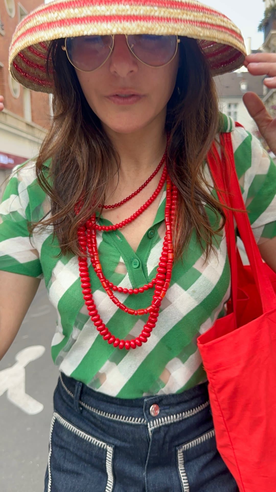 Paris street style: green check and red beads