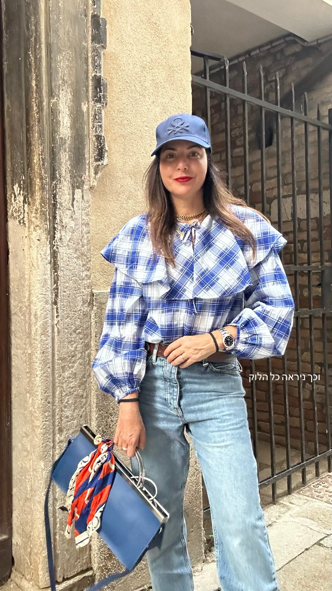 Blue plaid look on a Venice street