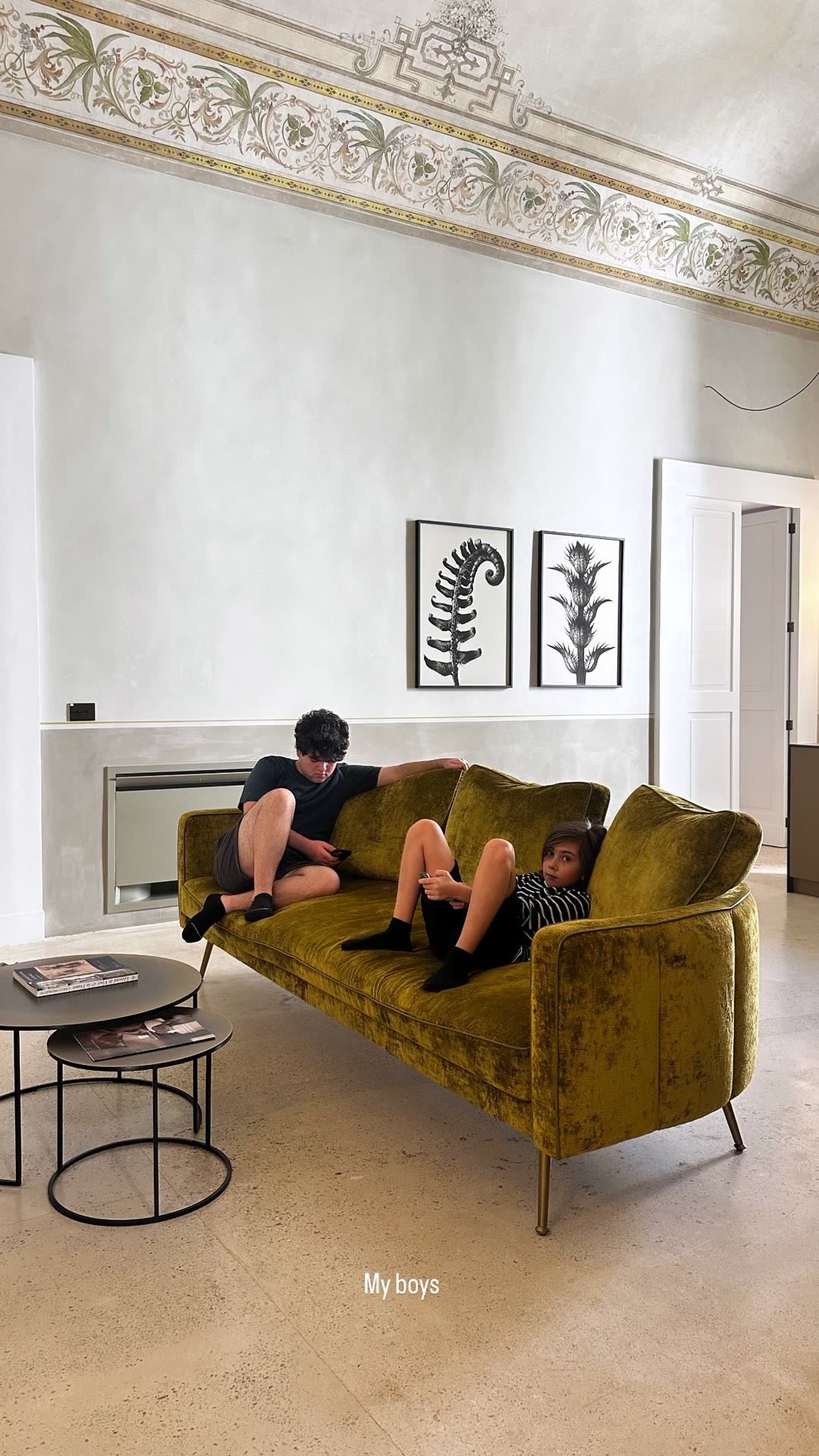 Kids on the velvet sofa at the Puglia stay
