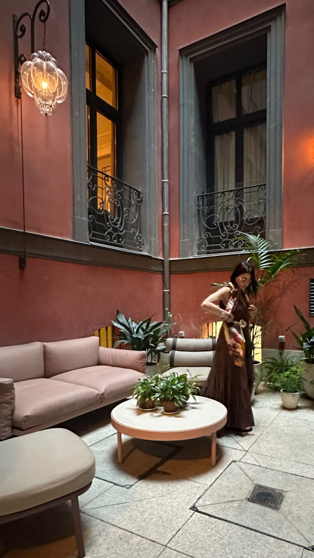 Pink hotel courtyard in Madrid