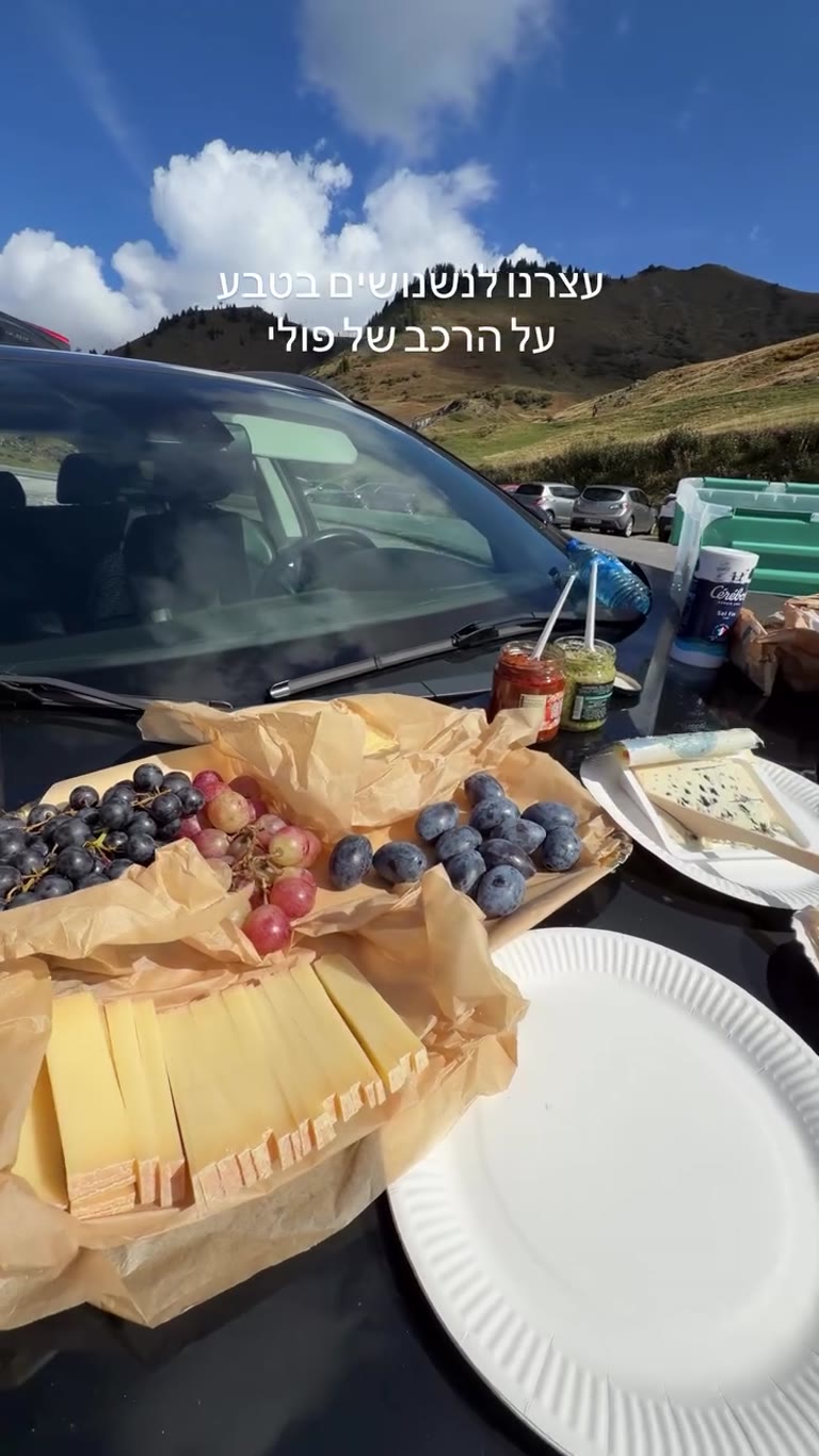 פיקניק גבינות על מכסה המנוע בהרי האלפים