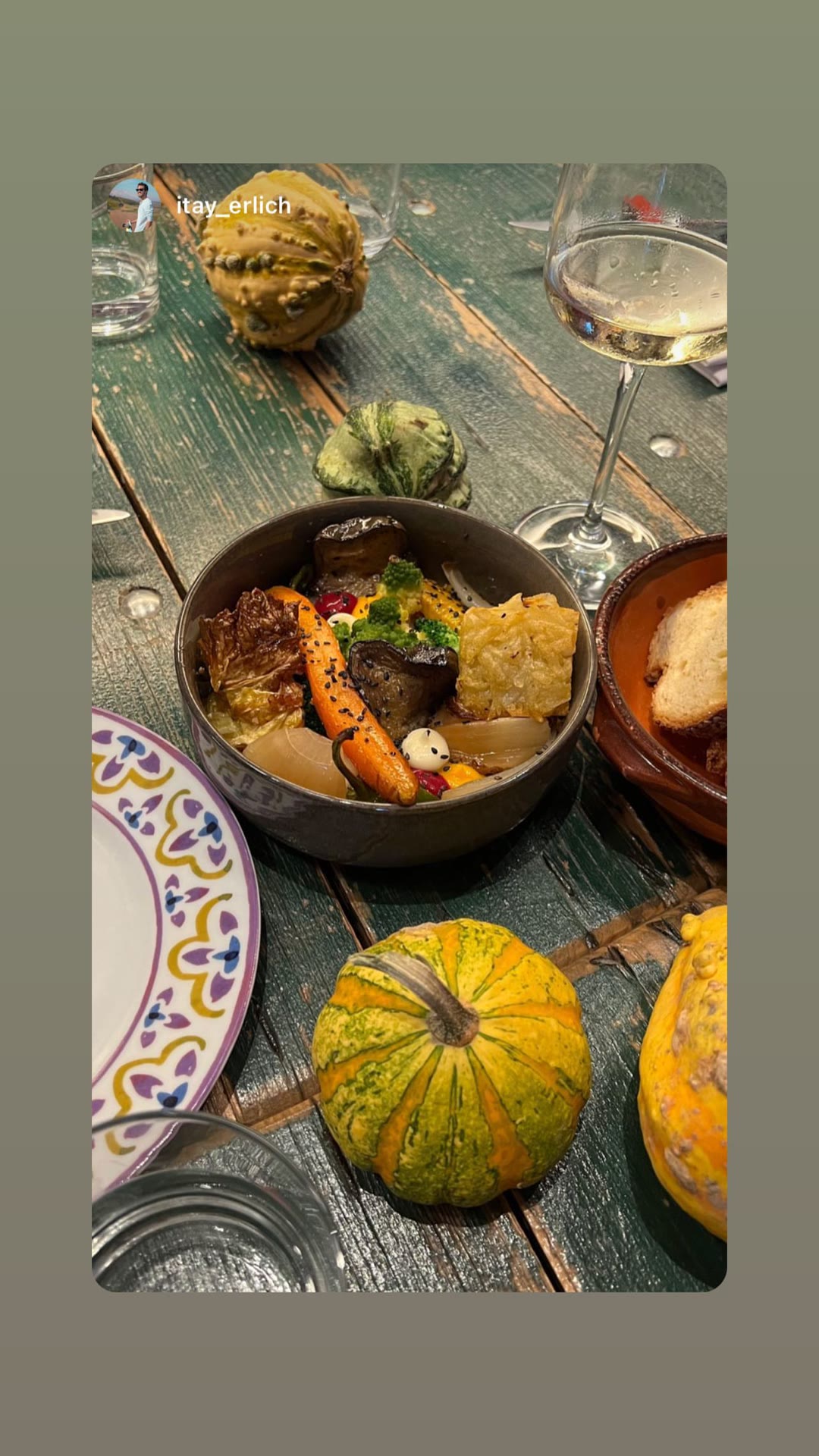 Roasted vegetable bowl at a Milan dinner