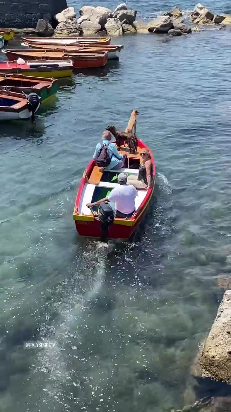Red wooden boat with dogs leaving a Naples cove