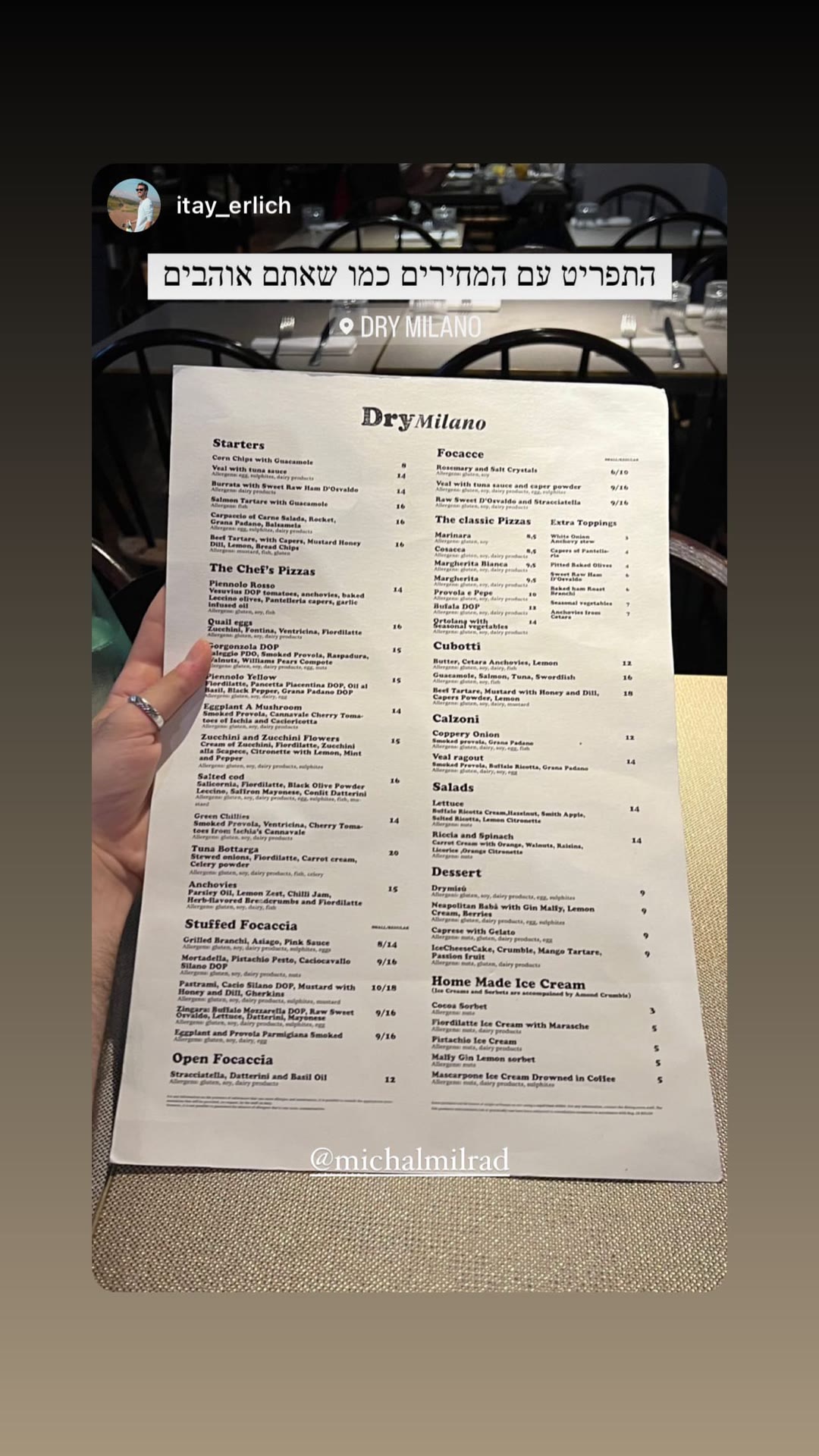 Dry Milano menu & prices