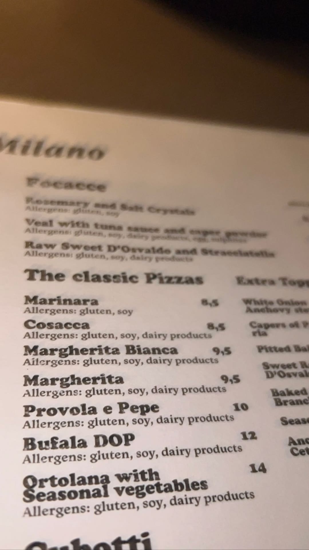 Pizzeria menu in Milan