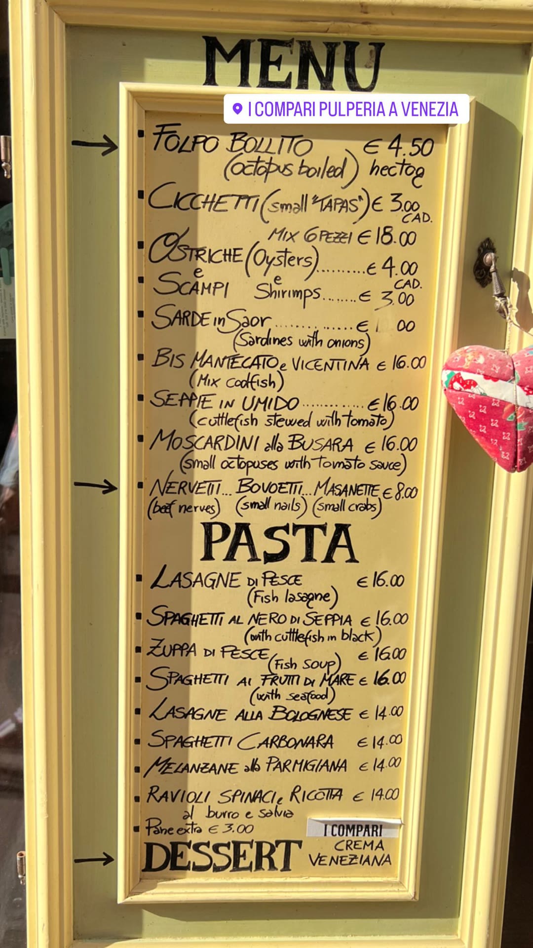 I Compari Pulperia menu, Rialto Venice