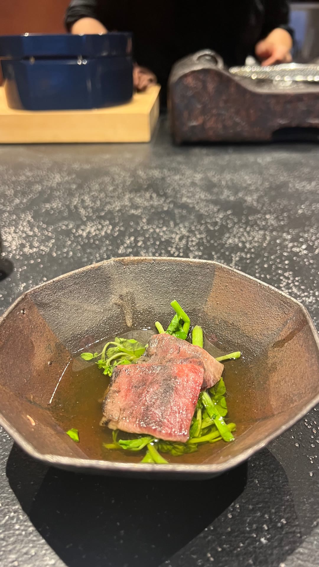 Wagyu in dashi at a Tokyo counter restaurant