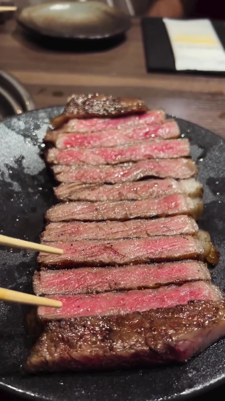 Sliced wagyu steak at a Tokyo grill