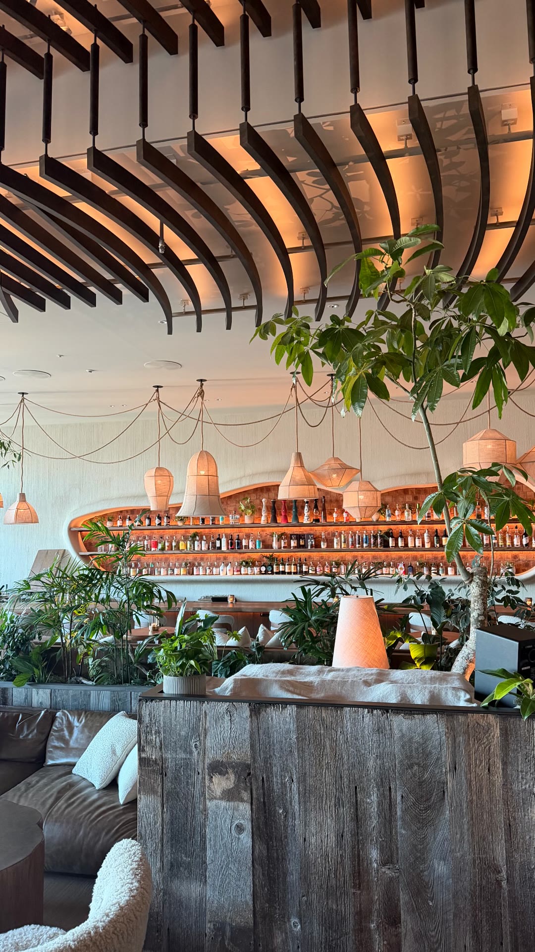 Plant-filled hotel bar lounge in Japan