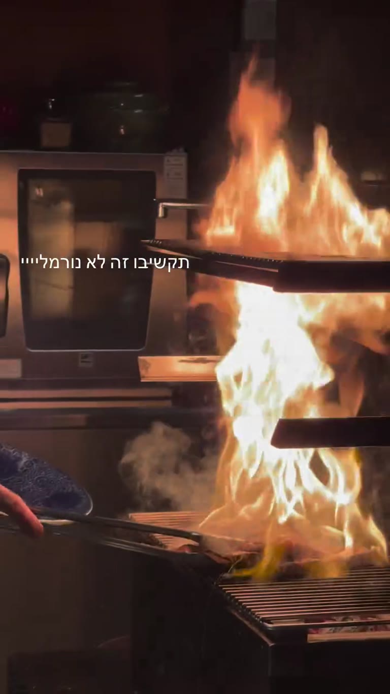 Flame-grilled meat show in a Tokyo kitchen