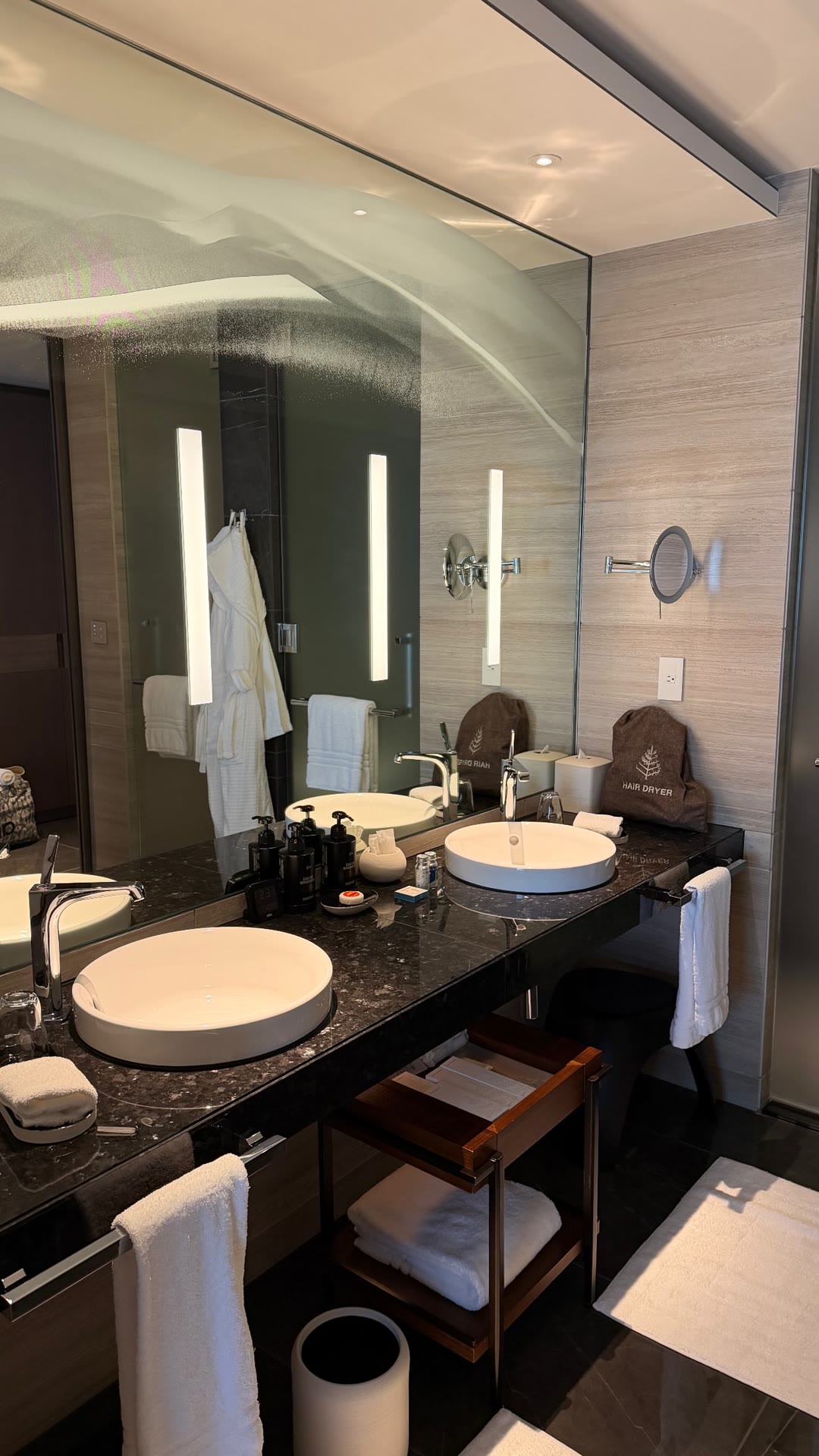 Hotel bathroom with double sinks in Japan