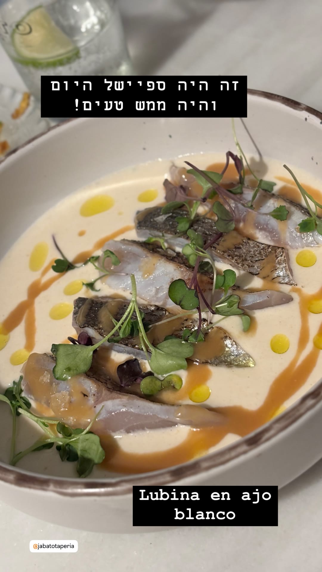 Lubina en ajo blanco at Jabato Taperia, Barcelona