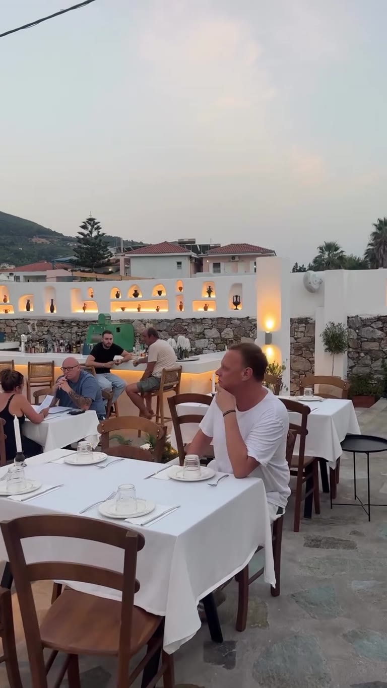 Psilomita terrace dinner at dusk, Skopelos