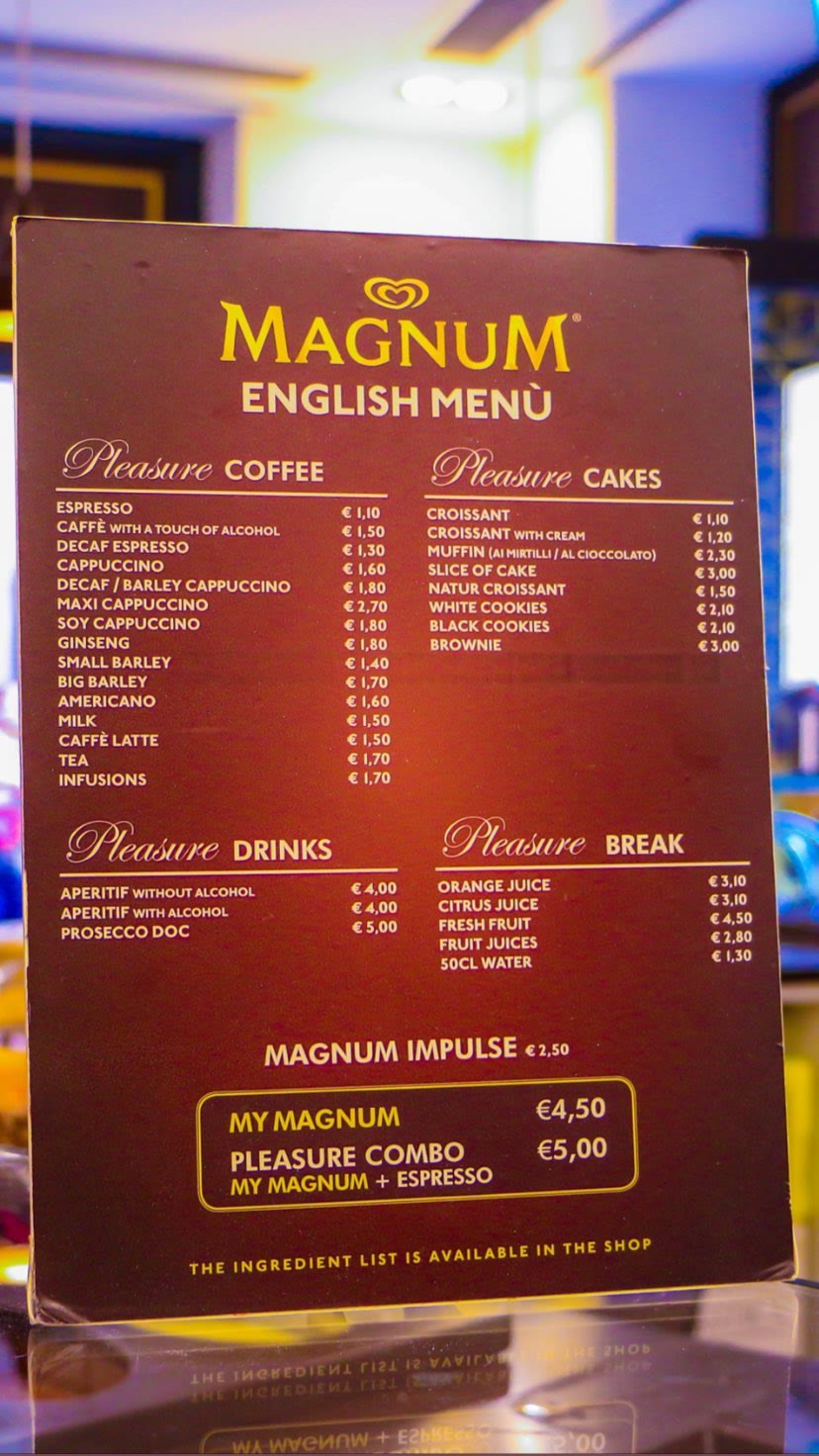 Magnum Pleasure Store menu, Rome