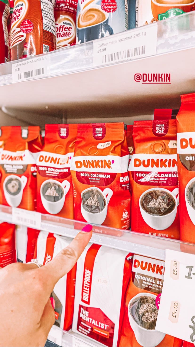 Dunkin' coffee on a London shop shelf