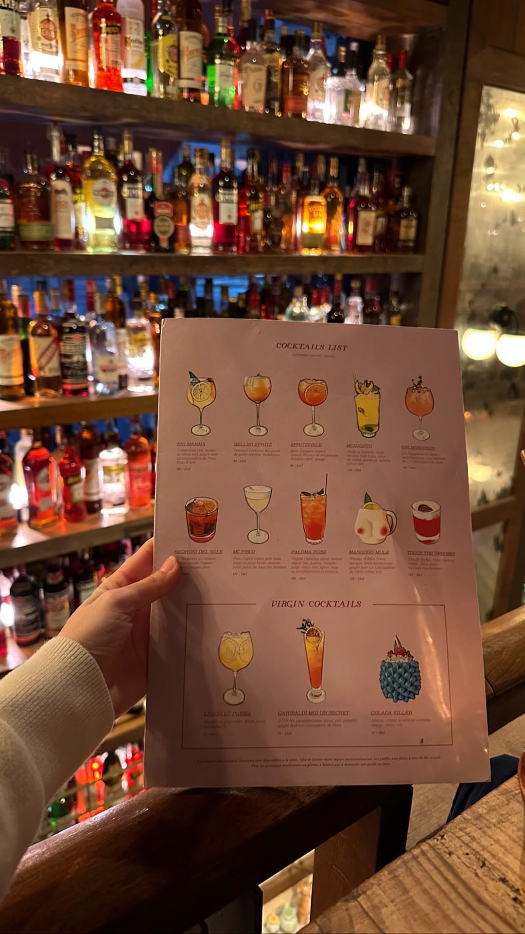 Cocktail list at a Paris trattoria bar