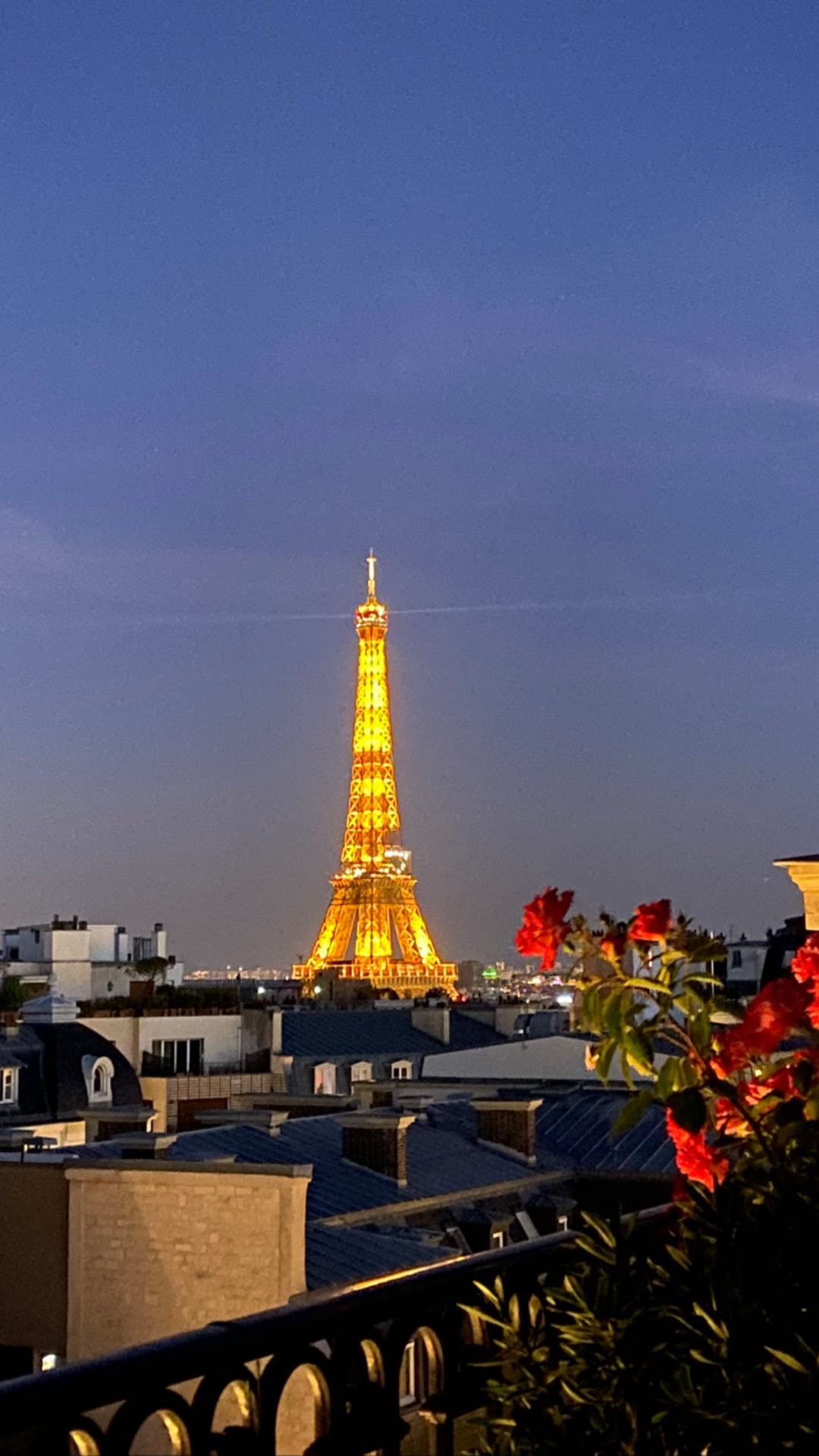 Eiffel Tower at dusk from a Paris rooftop