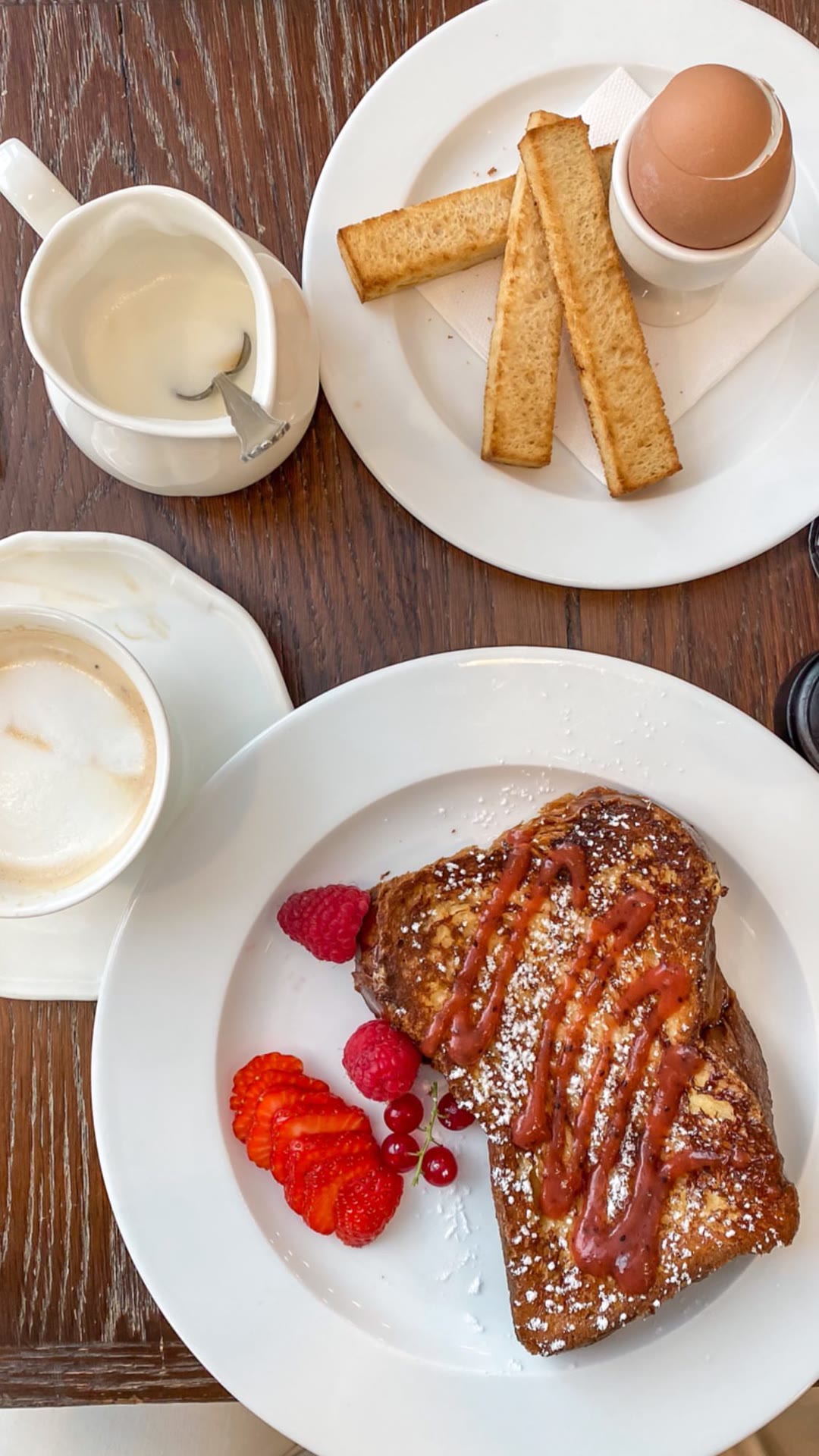 Breakfast spread: French toast, egg and toast fingers